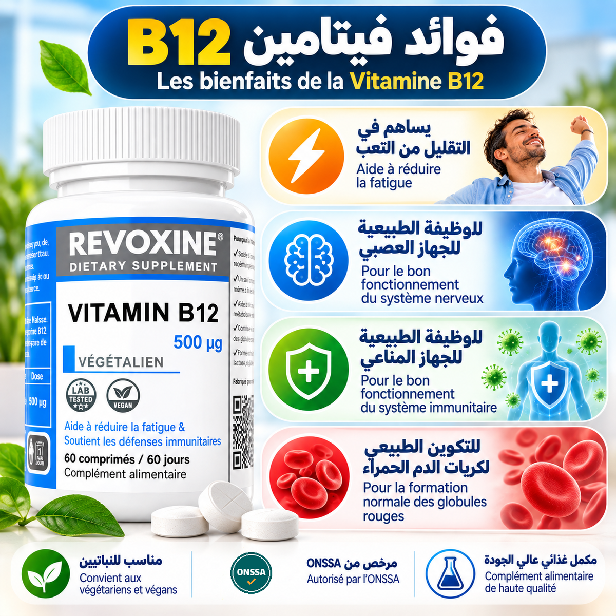 Les bienfaits de la vitamine B12 Revoxine : fatigue, système nerveux, immunité, globules rouges